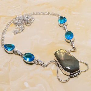 Handmade 925 Stamped Labradorite, & Blue Topaz Gemstones Necklace 18''
